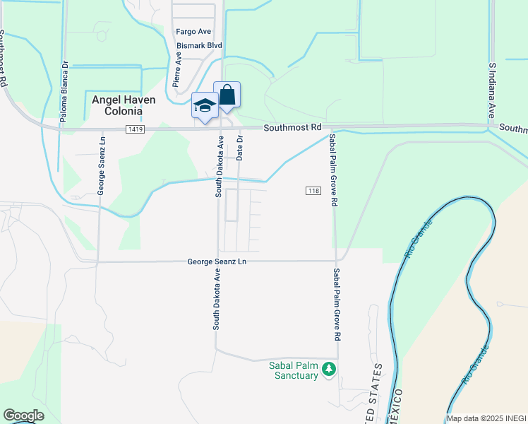 map of restaurants, bars, coffee shops, grocery stores, and more near 7817 Texas Palm Circle in Brownsville