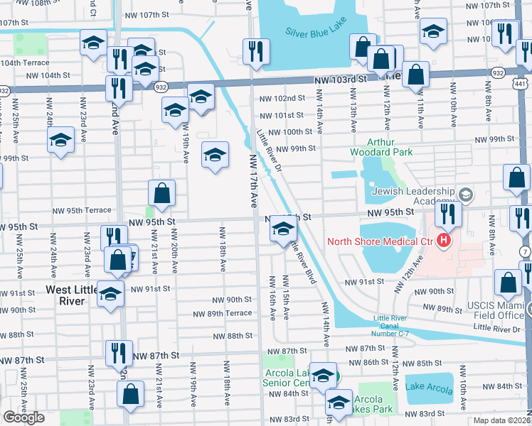 map of restaurants, bars, coffee shops, grocery stores, and more near in West Little River