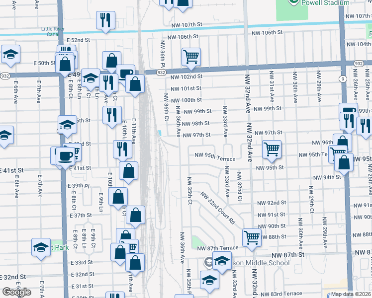 map of restaurants, bars, coffee shops, grocery stores, and more near 9560 Northwest 35th Court in Miami