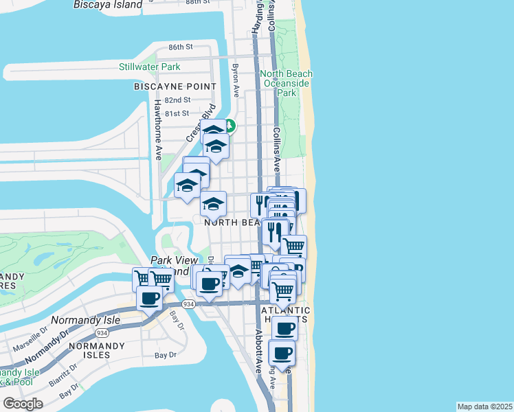 map of restaurants, bars, coffee shops, grocery stores, and more near 7610 Harding Avenue in Miami Beach