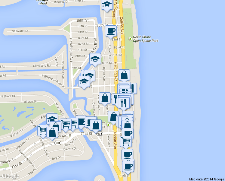 map of restaurants, bars, coffee shops, grocery stores, and more near in Miami Beach