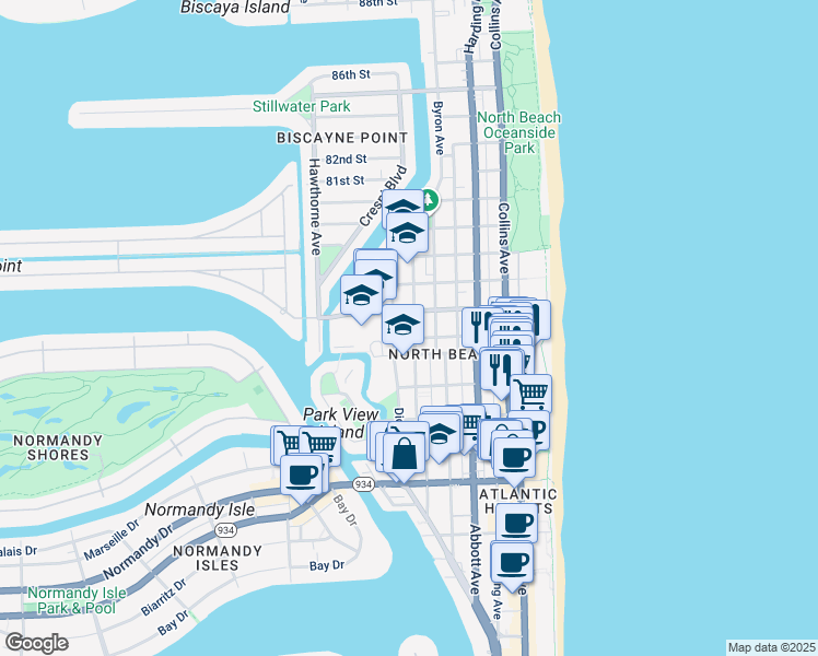 map of restaurants, bars, coffee shops, grocery stores, and more near 7620 Dickens Avenue in Miami Beach