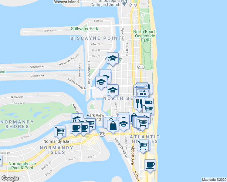 map of restaurants, bars, coffee shops, grocery stores, and more near 7620 Dickens Avenue in Miami Beach