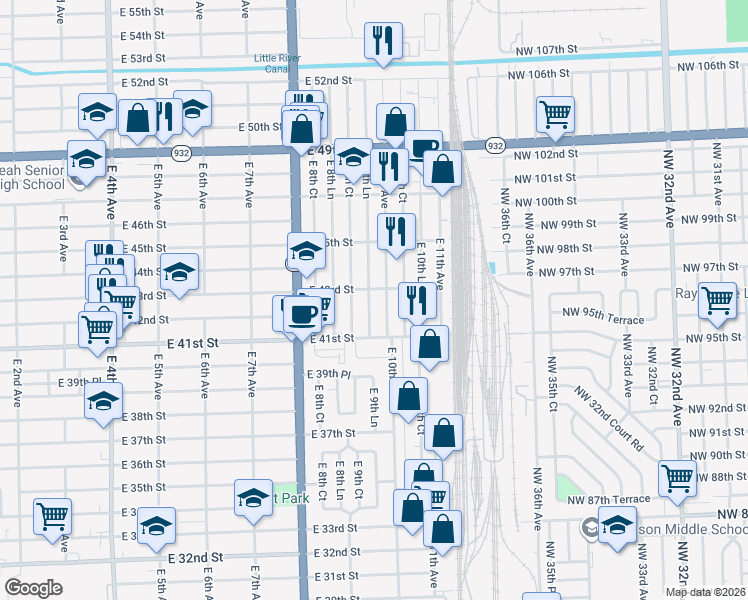 map of restaurants, bars, coffee shops, grocery stores, and more near 4243 East 9th Lane in Hialeah