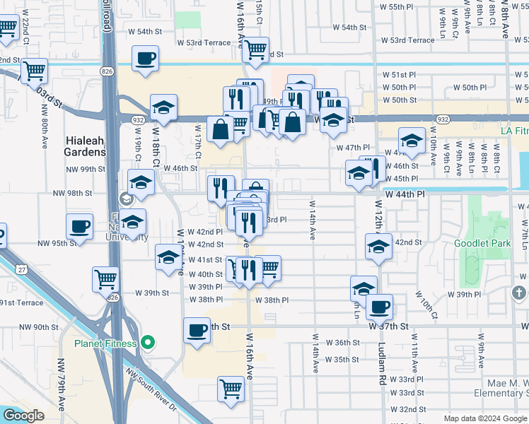 map of restaurants, bars, coffee shops, grocery stores, and more near 1550 West 44th Place in Hialeah