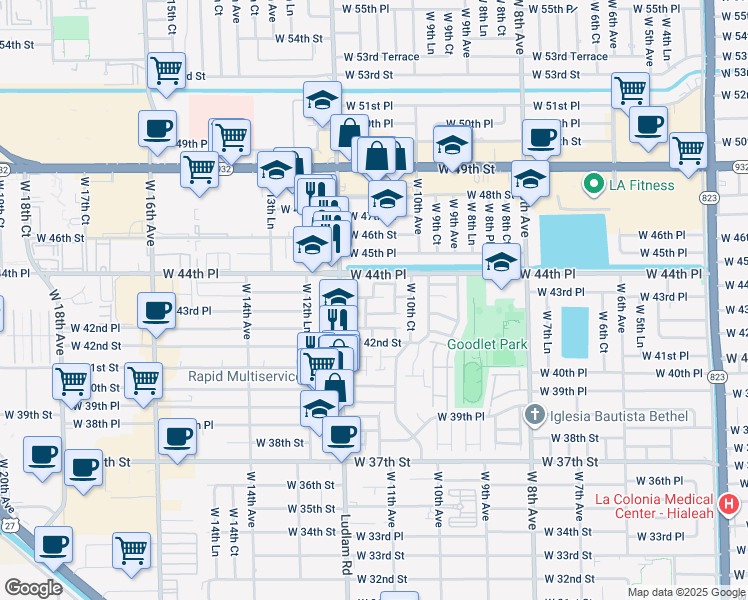map of restaurants, bars, coffee shops, grocery stores, and more near 1088 West 44th Street in Hialeah