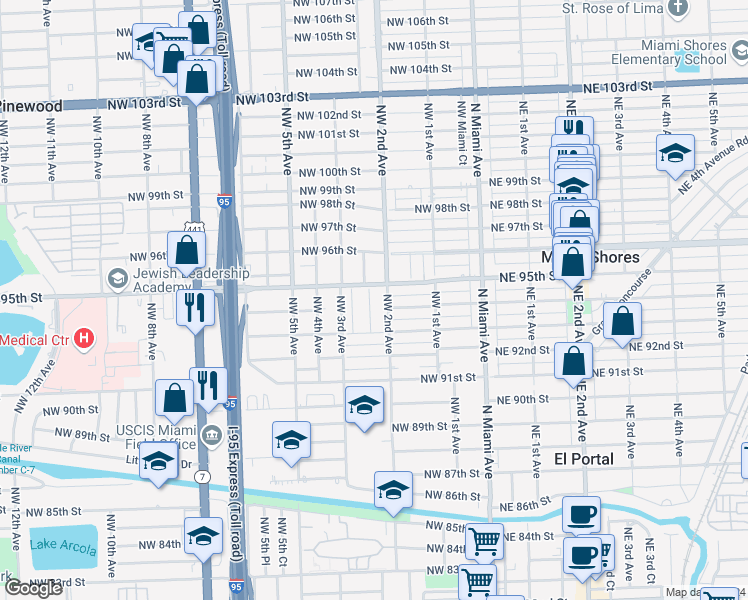 map of restaurants, bars, coffee shops, grocery stores, and more near 9413 Northwest 2nd Court in Miami Shores