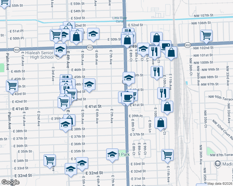 map of restaurants, bars, coffee shops, grocery stores, and more near 736 East 43rd Street in Hialeah