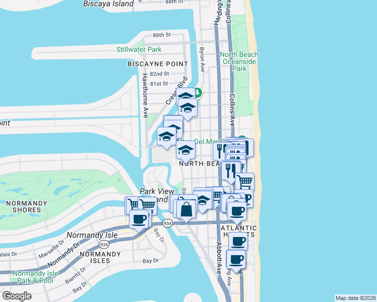 map of restaurants, bars, coffee shops, grocery stores, and more near in Miami Beach