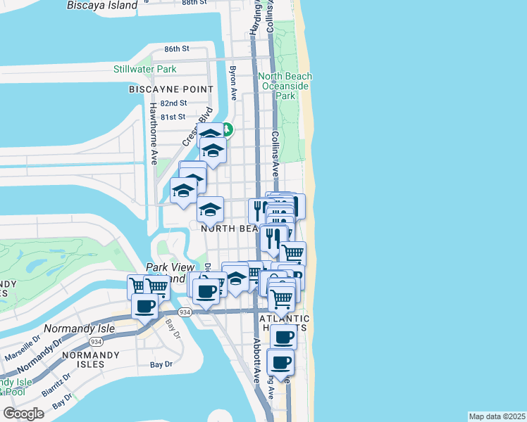 map of restaurants, bars, coffee shops, grocery stores, and more near 7610 Harding Avenue in Miami Beach