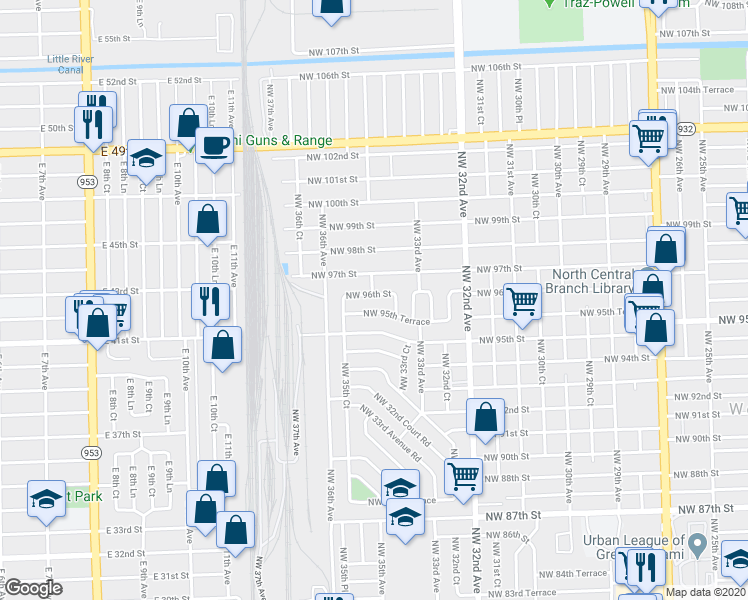 map of restaurants, bars, coffee shops, grocery stores, and more near 3450 Northwest 96th Street in Miami