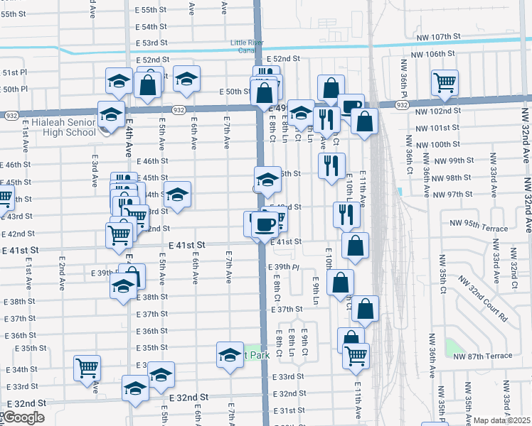 map of restaurants, bars, coffee shops, grocery stores, and more near 4265 East 8th Avenue in Hialeah