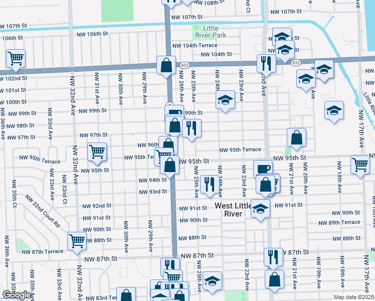 map of restaurants, bars, coffee shops, grocery stores, and more near 9543 Northwest 26th Avenue in Miami