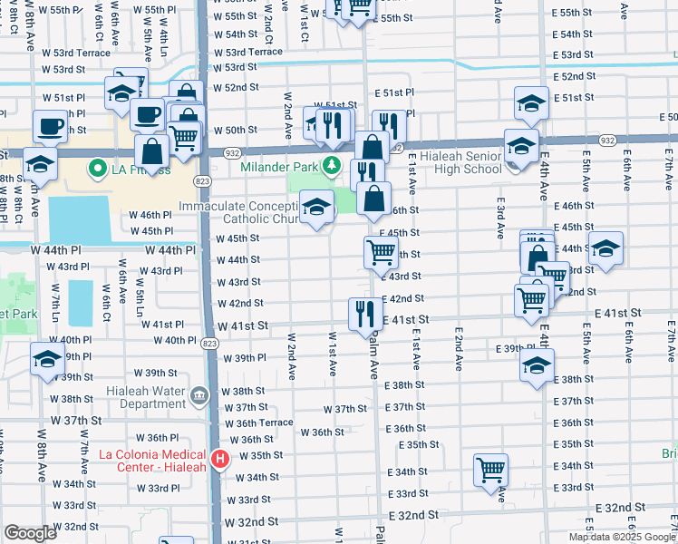 map of restaurants, bars, coffee shops, grocery stores, and more near 83 West 43rd Street in Hialeah