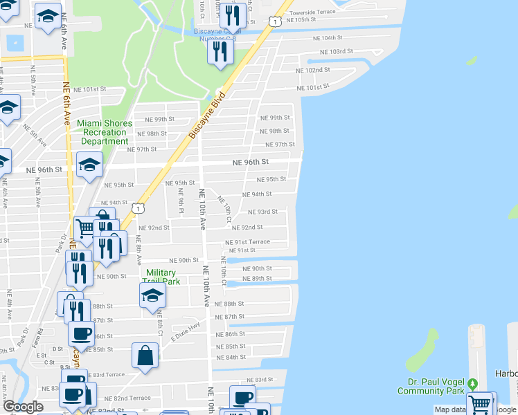 map of restaurants, bars, coffee shops, grocery stores, and more near 1237 Northeast 93rd Street in Miami Shores