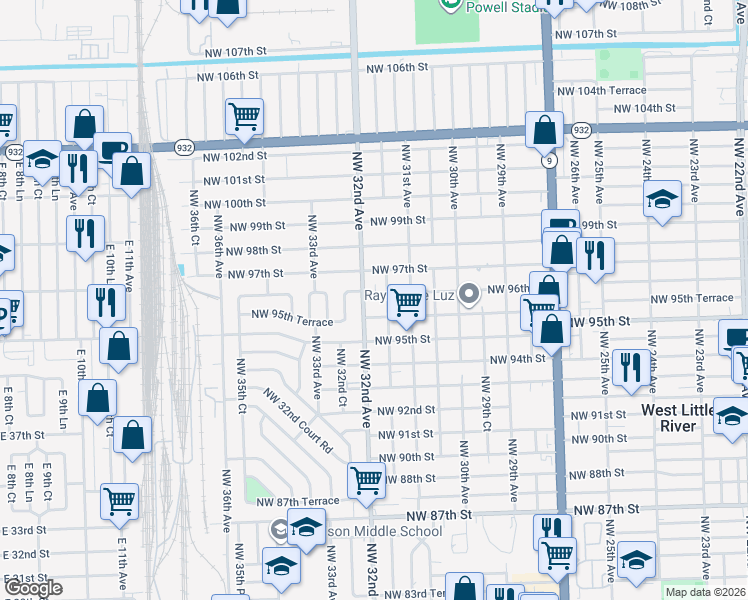 map of restaurants, bars, coffee shops, grocery stores, and more near 3170 Northwest 96th Street in Miami