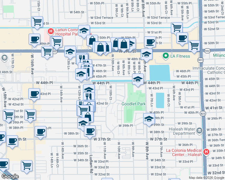 map of restaurants, bars, coffee shops, grocery stores, and more near 4394 West 10th Court in Hialeah