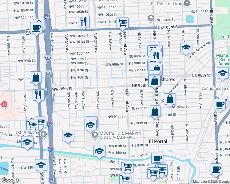map of restaurants, bars, coffee shops, grocery stores, and more near 85 Northwest 94th Street in Miami Shores