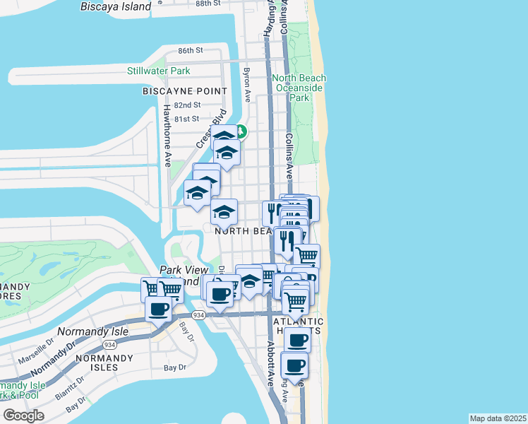 map of restaurants, bars, coffee shops, grocery stores, and more near 7610 Harding Avenue in Miami Beach