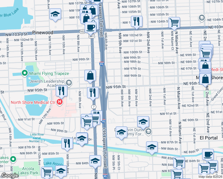 map of restaurants, bars, coffee shops, grocery stores, and more near 544 Northwest 95th Street in Miami