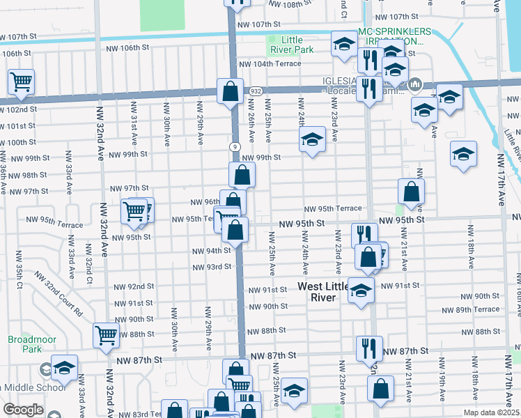 map of restaurants, bars, coffee shops, grocery stores, and more near 9543 Northwest 26th Avenue in Miami