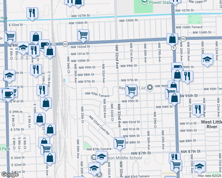 map of restaurants, bars, coffee shops, grocery stores, and more near 9580 Northwest 32nd Court in Miami