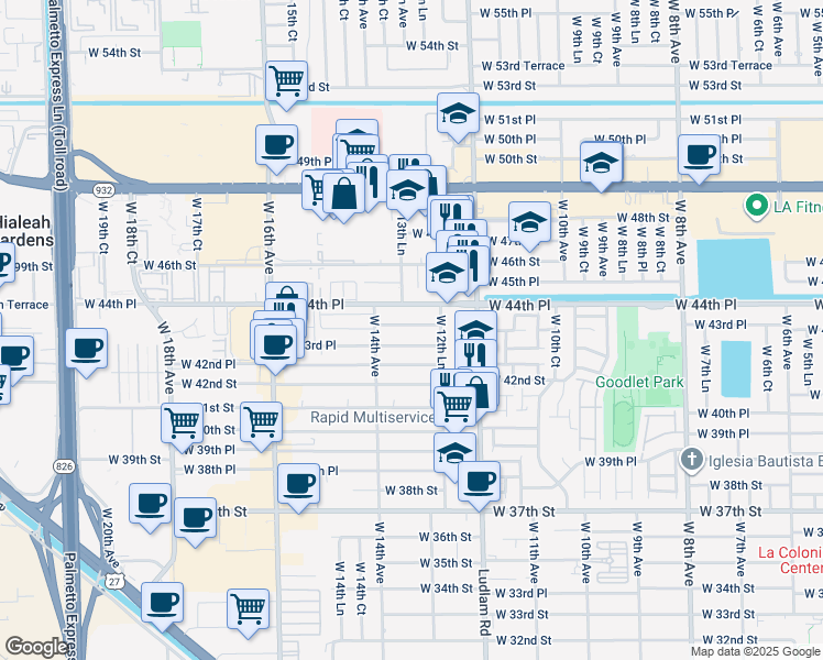 map of restaurants, bars, coffee shops, grocery stores, and more near 1360 West 44th Street in Hialeah