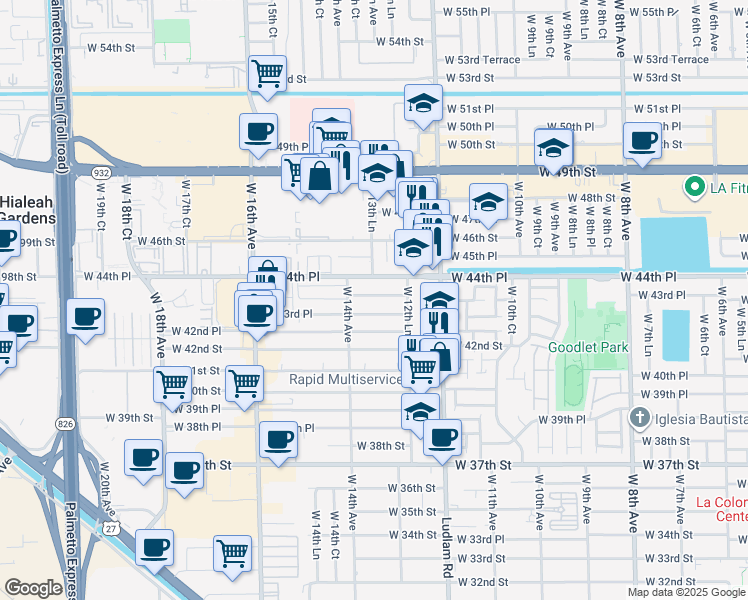 map of restaurants, bars, coffee shops, grocery stores, and more near 1360 West 44th Street in Hialeah
