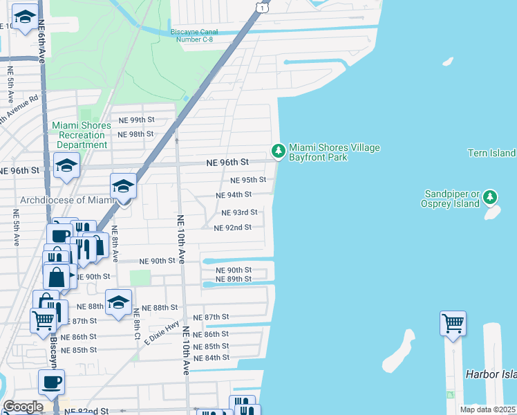 map of restaurants, bars, coffee shops, grocery stores, and more near 9300 North Bayshore Drive in Miami Shores