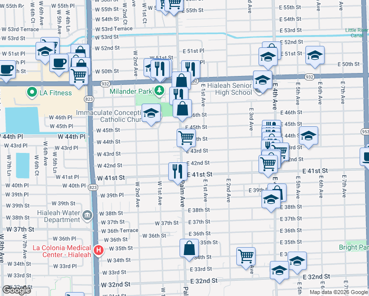 map of restaurants, bars, coffee shops, grocery stores, and more near in Hialeah