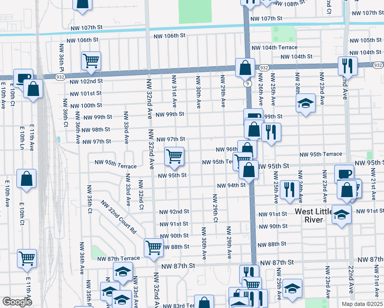 map of restaurants, bars, coffee shops, grocery stores, and more near 3030 Northwest 96th Street in Miami