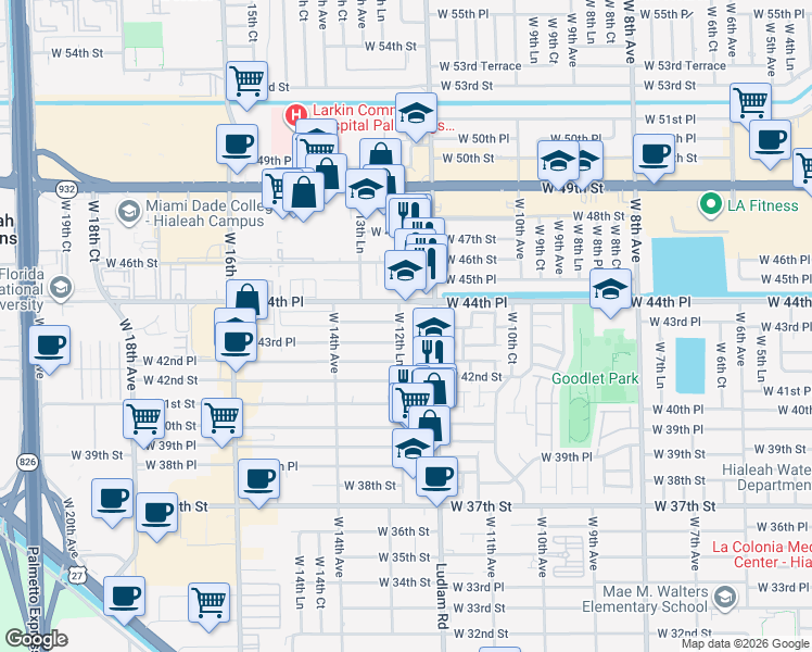 map of restaurants, bars, coffee shops, grocery stores, and more near 4390 West 12th Lane in Hialeah