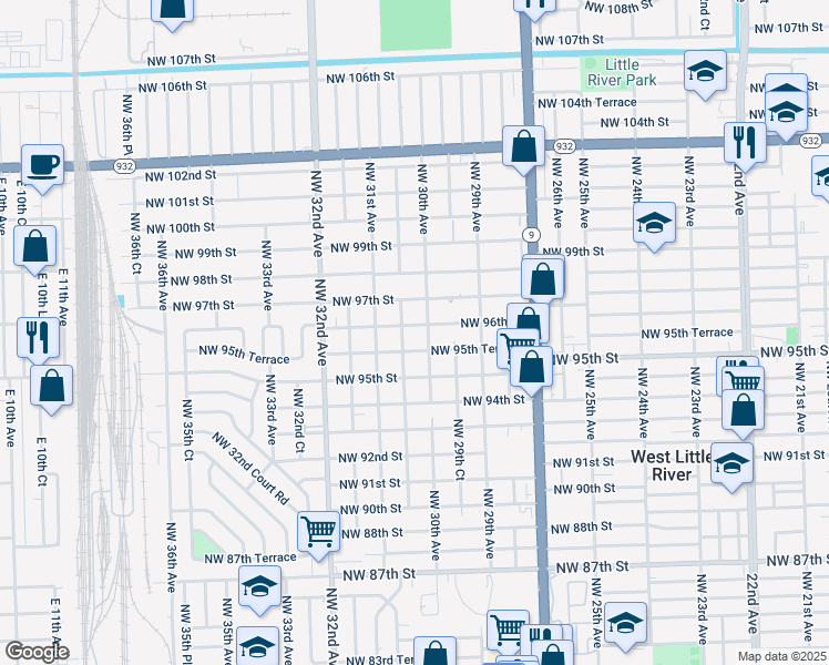 map of restaurants, bars, coffee shops, grocery stores, and more near 3030 NW 96th St in Miami