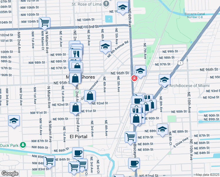 map of restaurants, bars, coffee shops, grocery stores, and more near 436 Northeast 94th Street in Miami Shores