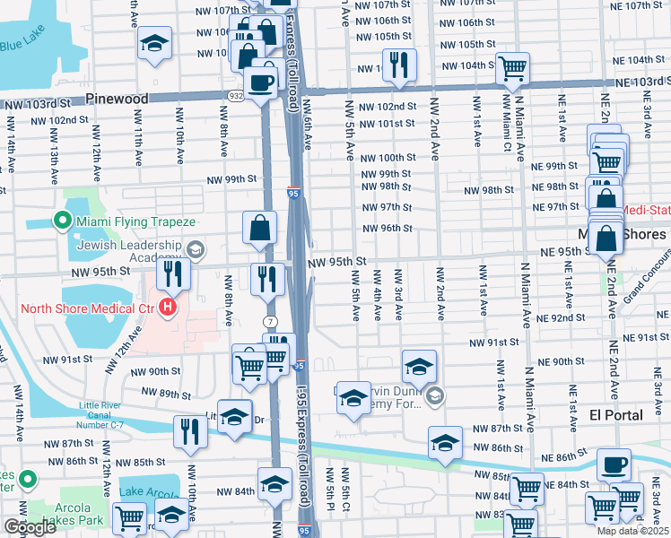 map of restaurants, bars, coffee shops, grocery stores, and more near 544 Northwest 95th Street in Miami