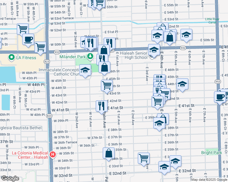 map of restaurants, bars, coffee shops, grocery stores, and more near 51 East 43rd Street in Hialeah