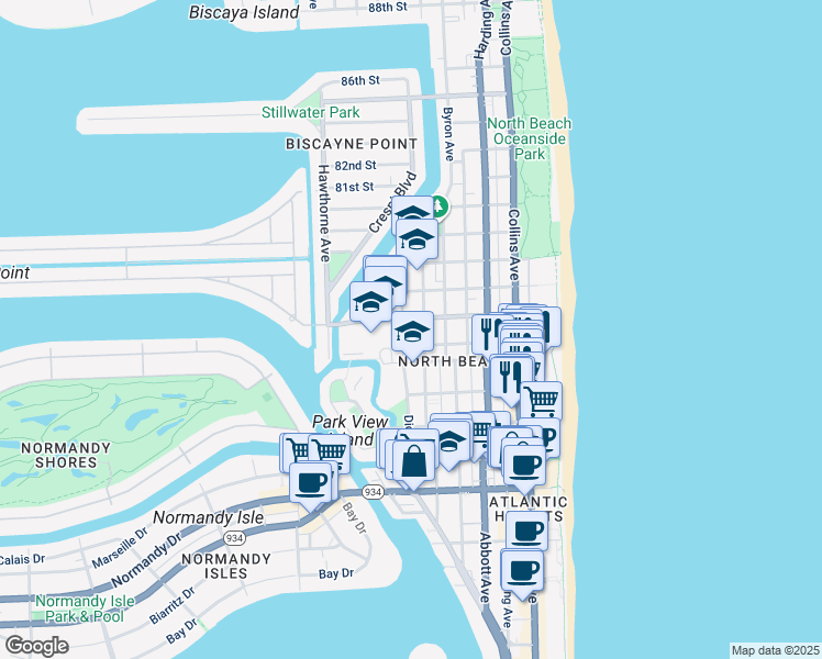 map of restaurants, bars, coffee shops, grocery stores, and more near 7620 Dickens Avenue in Miami Beach