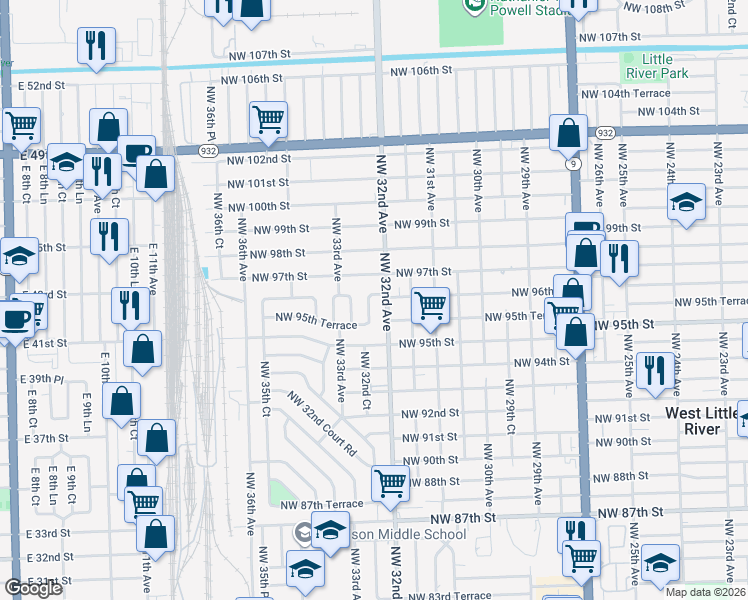 map of restaurants, bars, coffee shops, grocery stores, and more near 9580 Northwest 32nd Court in Miami