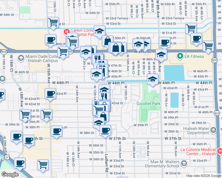 map of restaurants, bars, coffee shops, grocery stores, and more near 1088 West 44th Street in Hialeah