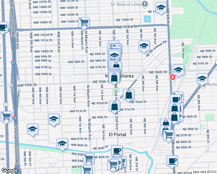 map of restaurants, bars, coffee shops, grocery stores, and more near 141 Northeast 94th Street in Miami Shores