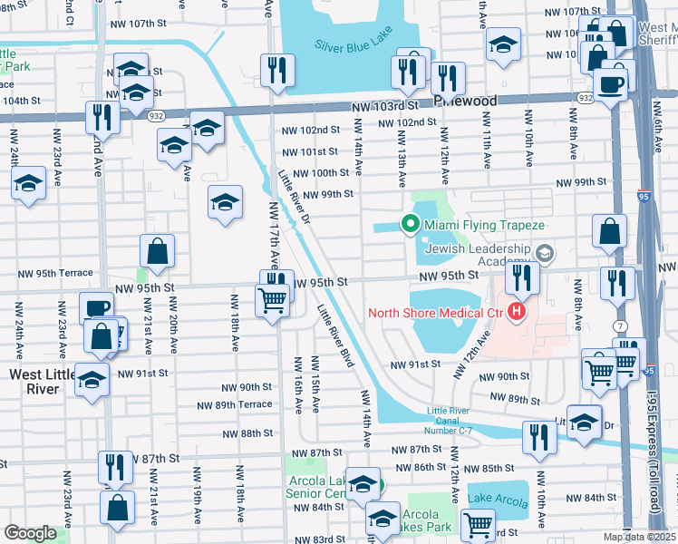 map of restaurants, bars, coffee shops, grocery stores, and more near 9505 Little River Drive in Miami