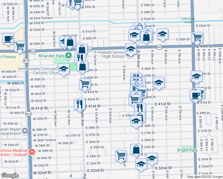 map of restaurants, bars, coffee shops, grocery stores, and more near 201 East 43rd Street in Hialeah