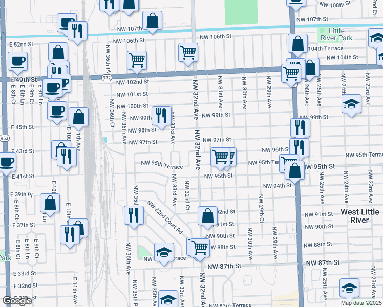 map of restaurants, bars, coffee shops, grocery stores, and more near 9580 Northwest 32nd Court in Miami