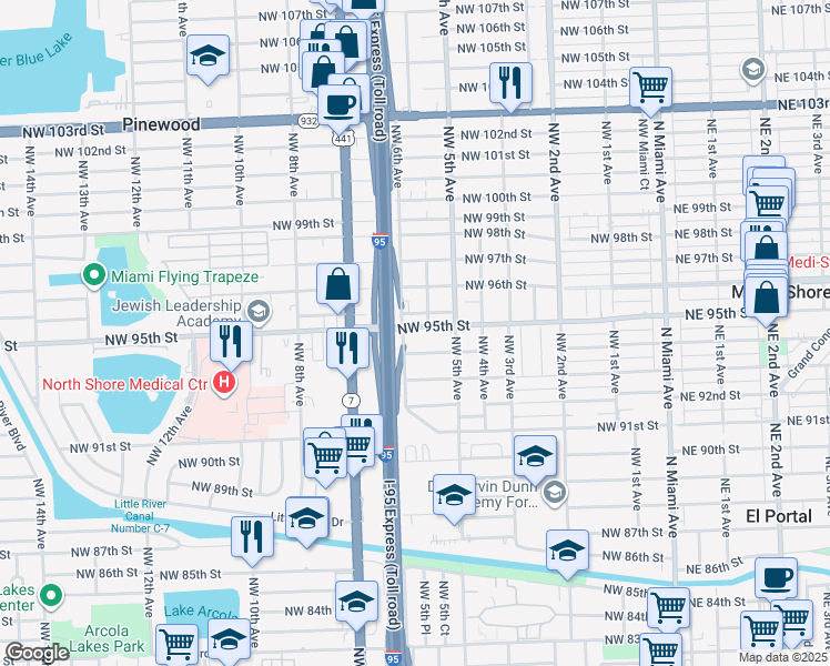 map of restaurants, bars, coffee shops, grocery stores, and more near 544 Northwest 95th Street in Miami