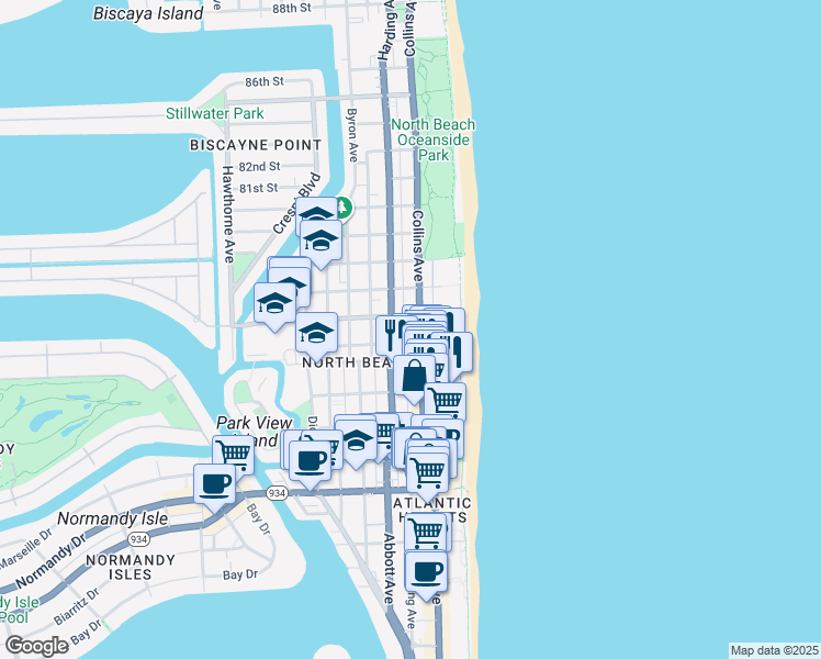 map of restaurants, bars, coffee shops, grocery stores, and more near 7605 Florida A1A in Miami Beach