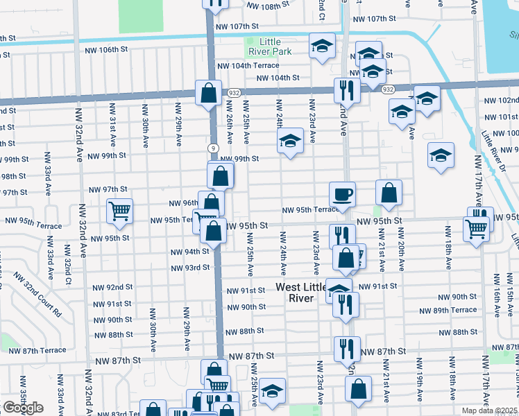 map of restaurants, bars, coffee shops, grocery stores, and more near 2467 Northwest 95th Terrace in Miami