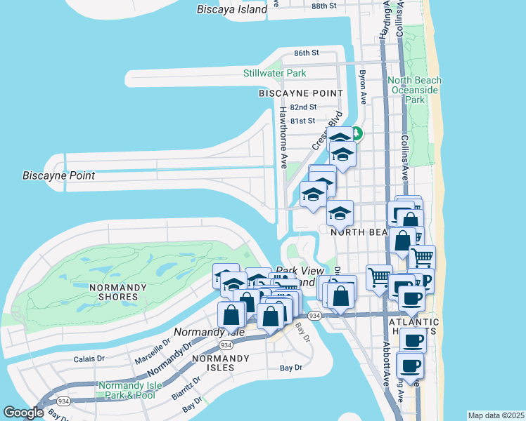 map of restaurants, bars, coffee shops, grocery stores, and more near 1158 South Biscayne Point Road in Miami Beach