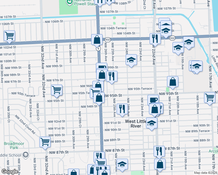 map of restaurants, bars, coffee shops, grocery stores, and more near 9543 Northwest 26th Avenue in Miami