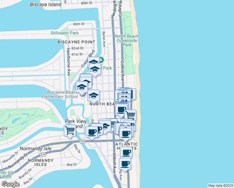 map of restaurants, bars, coffee shops, grocery stores, and more near 7625 Harding Avenue in Miami Beach