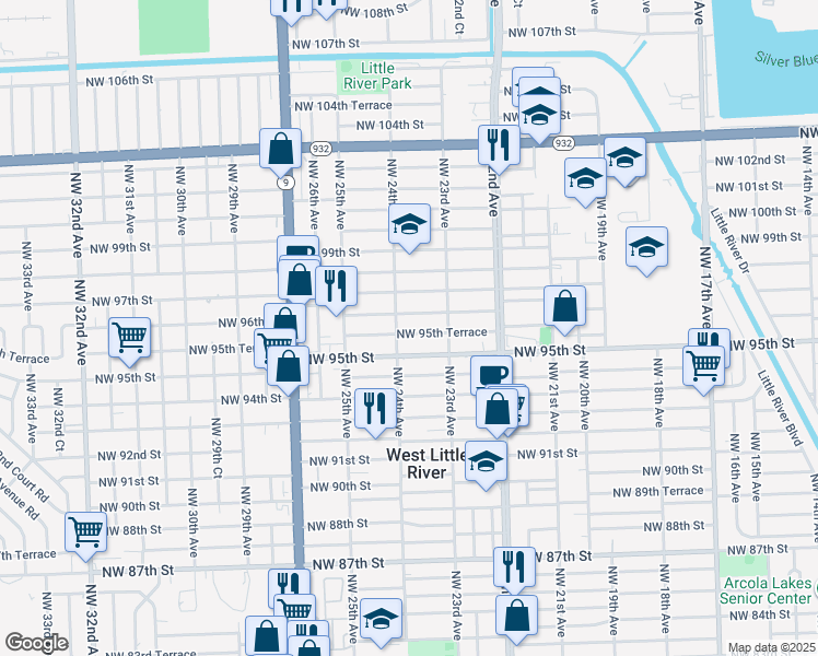map of restaurants, bars, coffee shops, grocery stores, and more near 2392 Northwest 95th Terrace in Miami